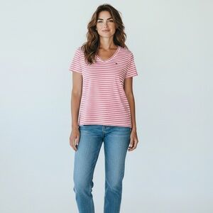 The Black Dog Women’s Striped V-Neck Tee Linen Blend Pink and White Size XL